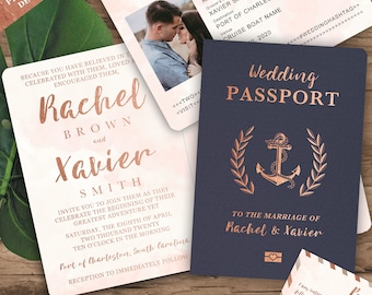 Nautical Cruise Passport Wedding Invitation Set in Rose Gold and Blush Watercolor by Luckyladypaper