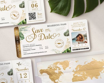 Destination Wedding Boarding Pass Save the Date Photo Invitation Tropical Green Leaves and Gold Travel Ticket Real Foil Available