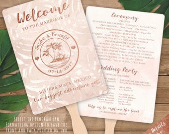 Semi-DIY Program Fans  - Rose Gold and Blush Watercolor Tropical Beach Destination Wedding Passport Design