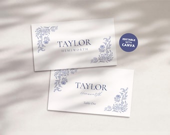 Place Card Escort Card rustic hand drawn whimsical wildflower love birds floral Wedding Printable DIY Edit in Canva Dusty Blue