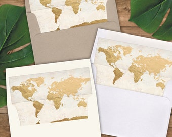 Envelope Liners A2 Size - Square Flap - Gold World Map - Faux Foil look - Pack of 25