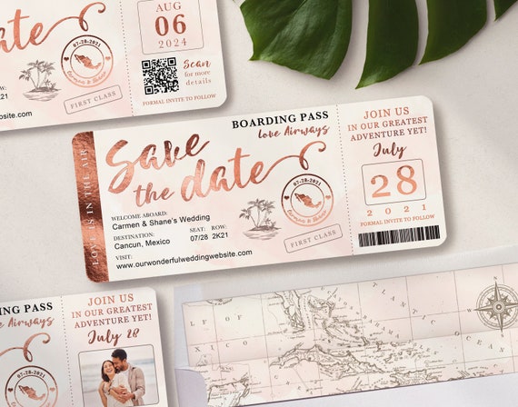 Destination Wedding Boarding Pass Save the Date Invitation in Rose