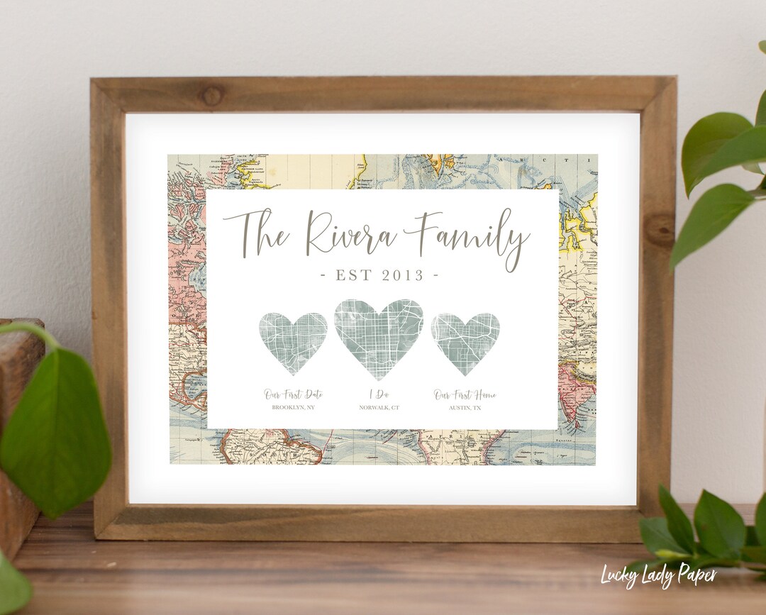 Personalized Map Wall Art Wedding Gift Custom Paper Anniversary