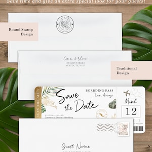 Destination Wedding Boarding Pass Save the Date Tropical Green Leaves Travel Theme QR Code Real Gold Foil Available by Luckyladypaper Bild 4