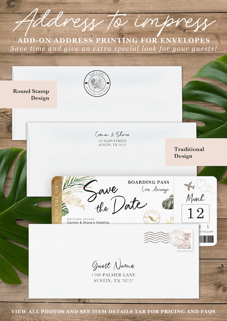 Destination Wedding Boarding Pass Save the Date Tropical Green Leaves Travel Theme QR Code Real Gold Foil Available by Luckyladypaper Bild 4