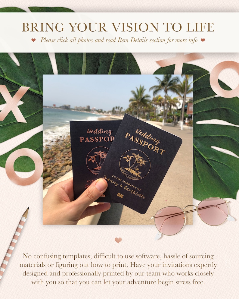 Destination Wedding Passport Invitation Set in Tropical Rose Gold Foil and Blush Watercolor by Luckyladypaper see item details to order image 8