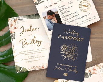 Passport Destination Wedding Invitation Tropical Orchid Watercolor Real Gold Foil Available Set by Luckyladypaper