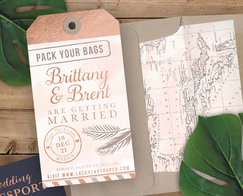 Save the Date Invitation Faux Aqua and Gold Foil with Aqua Watercolor Destination Wedding Luggage Tag Shaped Save the Date