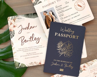 Passport Destination Wedding Invitation Tropical Orchid Watercolor Invitation Set by Luckyladypaper