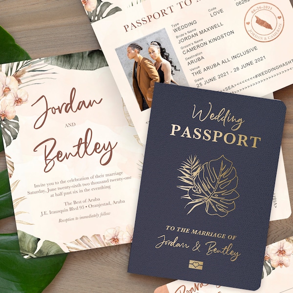 Passport Destination Wedding Invitation Tropical Orchid Watercolor Invitation Set by Luckyladypaper