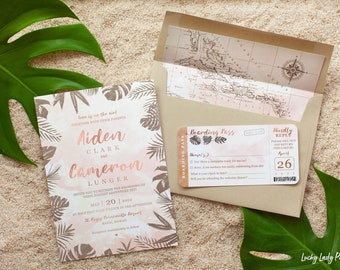 Destination Wedding Invitation - Tropical Beach Invitation Set in Rose Gold and Blush Watercolor by Luckyladypaper