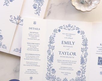 Gatefold Wedding Invitation rustic hand drawn whimsical wildflower love birds floral arch QR Code RSVP Printable DIY Edit in Canva