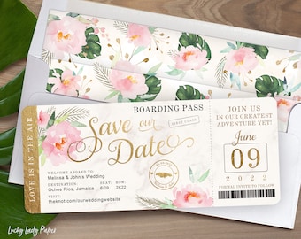 Destination Wedding Boarding Pass Save the Date Invitation in Gold and Marble with Peony Floral Watercolor - see item details to order