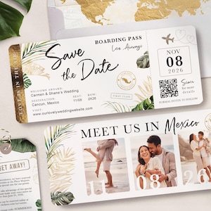 Destination Wedding Boarding Pass Save the Date Tropical Green Leaves Travel Theme 3 Photo QR Code Real Gold Foil Available