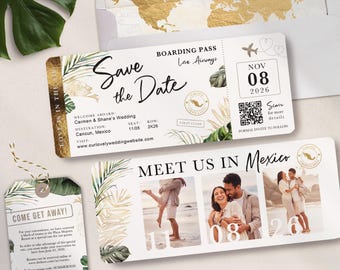 Destination Wedding Boarding Pass Save the Date Tropical Green Leaves Travel Theme 3 Photo QR Code Real Gold Foil Available