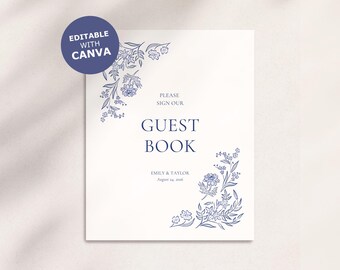 Guest Book Sign rustic hand drawn whimsical wildflower love birds floral Wedding Printable DIY Edit in Canva Dusty Blue