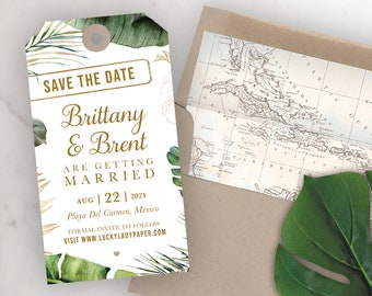 Luggage Tag Shaped Save the Date Destination Wedding Elegant Tropical Greenery Palm Leaf Leaves Gold by luckyladypaper