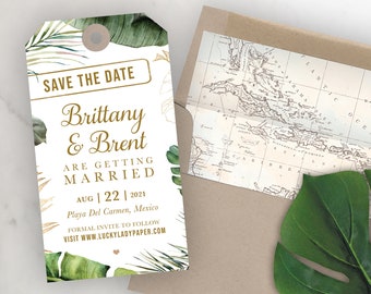 Luggage Tag Shaped Save the Date - Destination Wedding Save the Date Invitation - Tropical Greenery Palm Leaf Leaves Gold