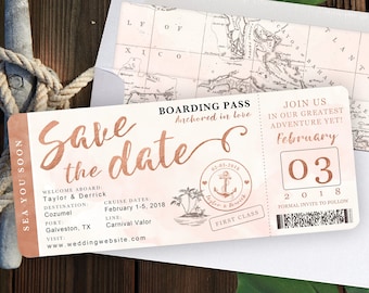 Rose Gold Watercolor Destination Nautical Cruise Wedding Boarding Pass Save The Date by Luckyladypaper - Customized PDF file for DIY Print