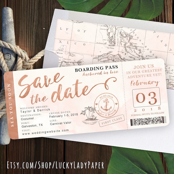 Rose Gold Watercolor Destination Nautical Cruise Wedding Boarding Pass Save The Date by Luckyladypaper - Customized PDF file for DIY Print