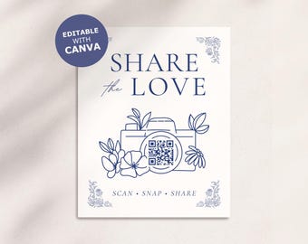 QR Code Sign Share the Love Photo rustic hand drawn whimsical wildflower love birds floral Wedding Printable DIY Edit in Canva Dusty Blue