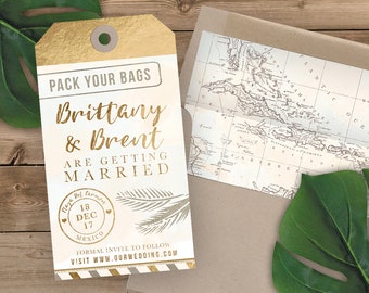 Destination Wedding Luggage Tag Shaped Save the Date - Save the Date Invitation - Faux Gold Foil and Watercolor