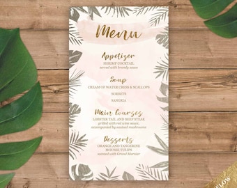 Tropical Menu cards in Gold and Blush Watercolor Real Foil Finishing Available by luckyladypaper