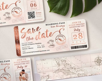 Destination Wedding Boarding Pass Save the Date Invitation in Rose Gold and Blush Watercolor by Luckyladypaper - see item details to order