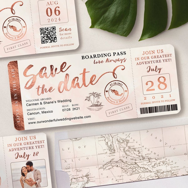 Destination Wedding Boarding Pass Save the Date Invitation in Rose Gold and Blush Watercolor by Luckyladypaper - see item details to order