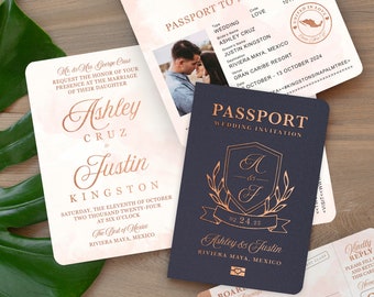 Destination Wedding Passport Invitation Rose Gold and Blush Monogram Crest by Luckyladypaper - see item details to order