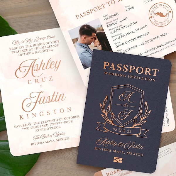 Destination Wedding Passport Invitation Rose Gold and Blush Monogram Crest by Luckyladypaper - see item details to order