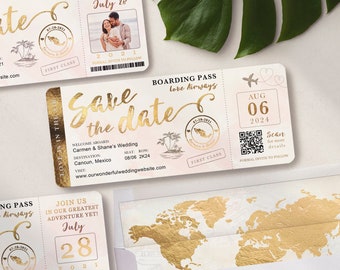 Destination Wedding Boarding Pass Save the Date QR Code Invitation in Gold and Blush Watercolor Real Foil Available by Luckyladypaper