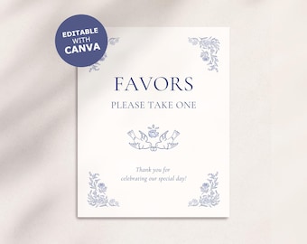 Favors Sign rustic hand drawn whimsical wildflower love birds floral Wedding Printable DIY Edit in Canva Dusty Blue