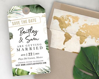 Destination Wedding Luggage Tag Shaped Save the Date Tropical Greenery Palm Leaves Greenery by Lucky Lady Paper