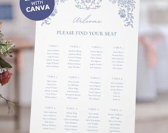 Seating Chart rustic hand drawn whimsical wildflower love birds floral Wedding Printable DIY Edit in Canva Dusty Blue