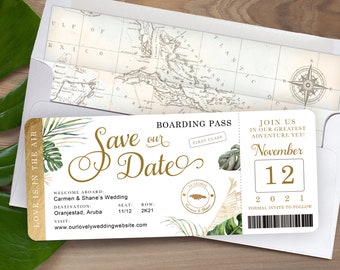 Destination Wedding Boarding Pass Save the Date Invitation Tropical Green Leaves and Gold by Luckyladypaper - see item details to order