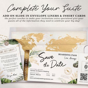 Destination Wedding Boarding Pass Save the Date Tropical Green Leaves Travel Theme QR Code Real Gold Foil Available by Luckyladypaper Bild 3