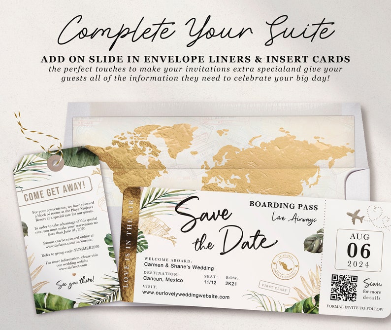 Destination Wedding Boarding Pass Save the Date Tropical Green Leaves Travel Theme QR Code Real Gold Foil Available by Luckyladypaper Bild 3