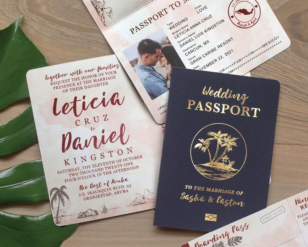 Destination Wedding Passport Invitation Set Burgundy and Blush