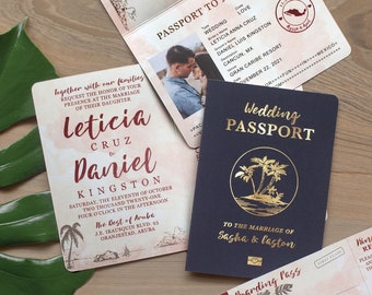 Destination Wedding Passport Invitation Set Burgundy and Blush Watercolor Gold Tropical Design Printed for you, Real Gold Foil Available