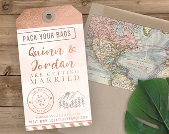 Luggage Tag Save the Date - Destination Wedding Save the Date Invitation - Faux Rose Gold Foil and Blush Watercolor Mountains and Evergreens