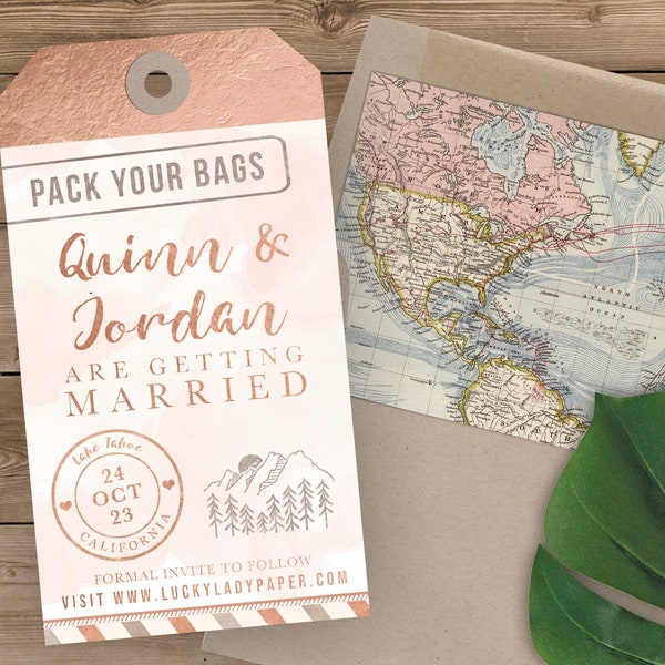 Luggage Tag Save the Date - Destination Wedding Save the Date Invitation - Faux Rose Gold Foil and Blush Watercolor Mountains and Evergreens