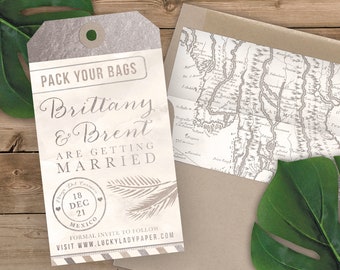 Destination Wedding Luggage Tag Shaped Save the Date - Save the Date Invitation - Faux Silver Foil Script and Grey Watercolor