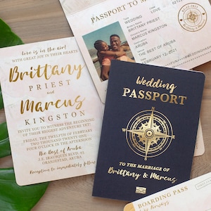 Destination Wedding Passport Invitation Set in Gold Foil and Blush Watercolor Compass Design by Luckyladypaper - see item details to order