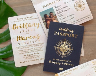 Destination Wedding Passport Invitation Set in Gold Foil and Blush Watercolor Compass Design by Luckyladypaper - see item details to order