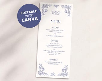 Menu Card rustic hand drawn whimsical wildflower love birds floral Wedding Printable DIY Edit in Canva 4x9 Dusty Blue