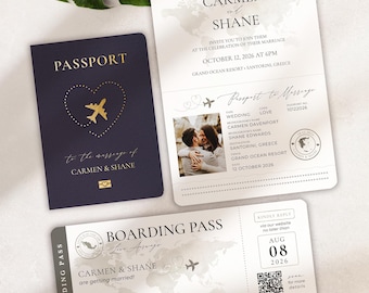 Passport Wedding Destination Invitation World Map Boarding Pass QR Code RSVP - Real Foil Available