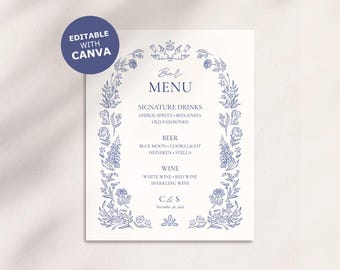 Bar Menu Sign rustic hand drawn whimsical wildflower love birds floral Wedding Printable DIY Edit in Canva Dusty Blue