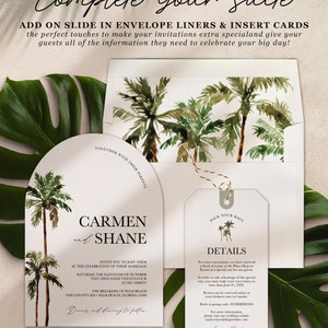 arch shaped wedding invitation with palm tree watercolor envelope liner and luggage tag shaped information card