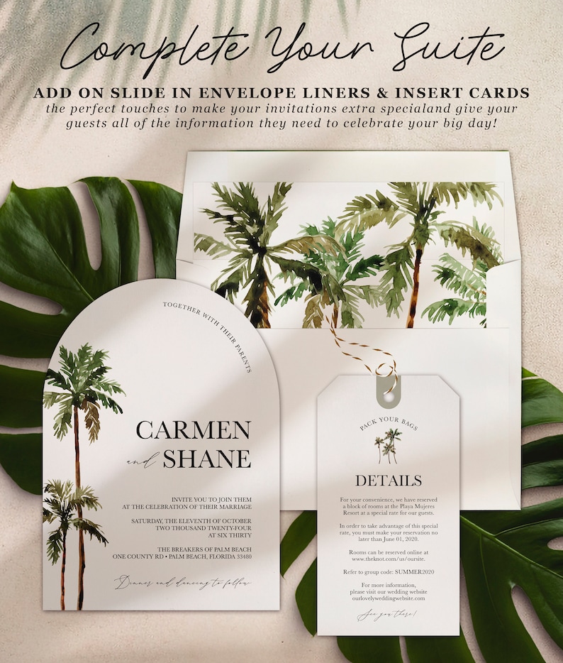 arch shaped wedding invitation with palm tree watercolor envelope liner and luggage tag shaped information card